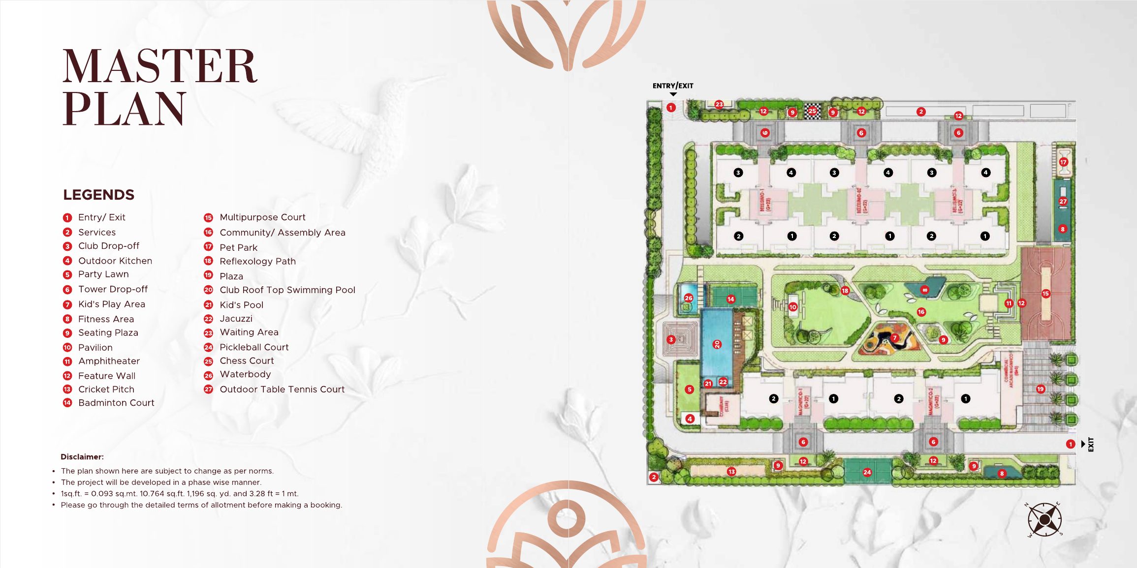 Master plan of Eldeco La Vida Bella — five towers with the 27-item amenity legend, from the developer's brochure